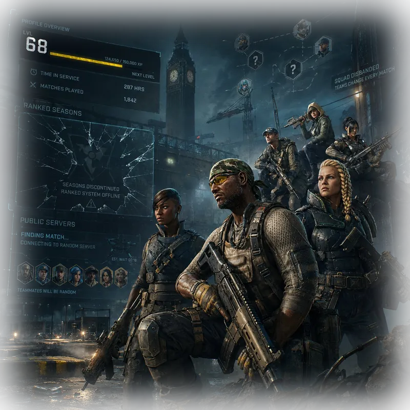 A lone operator with a random squad in a broken London &mdash; ranked seasons offline, teammates change every match